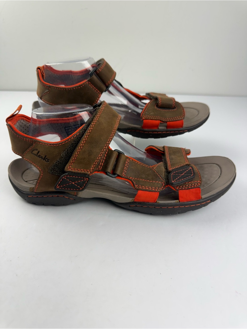 Clarks Mens 10 Brown Orange Leather Sandal Hook and Loop Adjustable